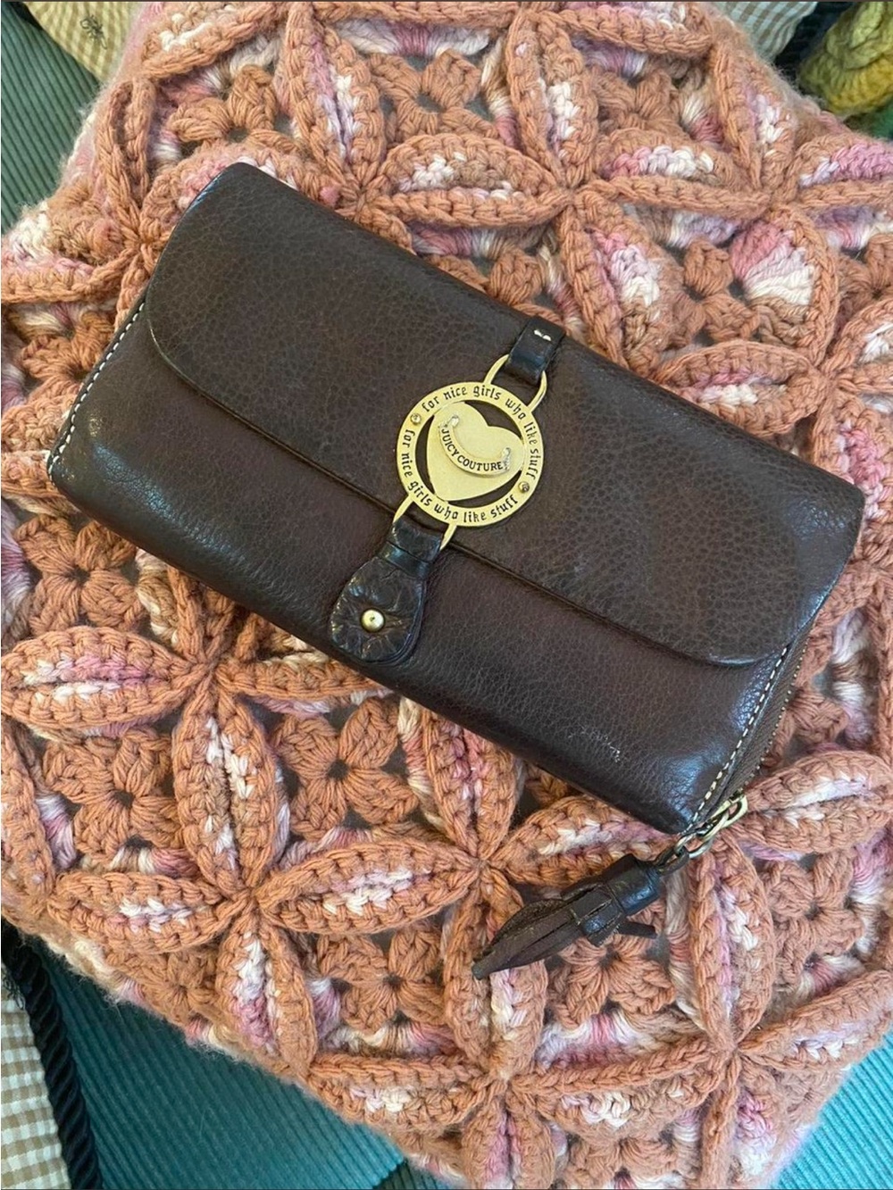 Vintage y2k brown genuine leather Juicy Couture wallet with tiny tassel